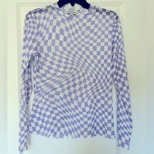 Boutique top, mesh, lavender and white checkered pattern.